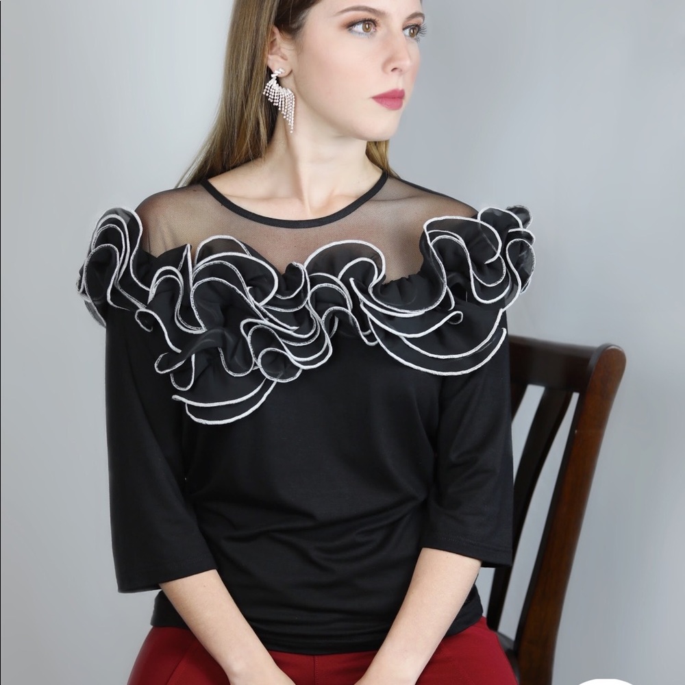 Ruffle Detailed Black Blouse